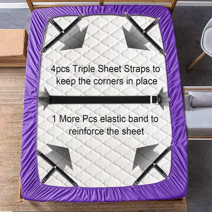 Sheet Straps Set 5 PCS. Bed Sheet Clips for Corners, Bed Sheet Holder Bed Scrunchie Elastic Adjustable Bedsheet Fasteners, Triangle Fitted Sheet Clips to Hold Sheets in Place (Black)
