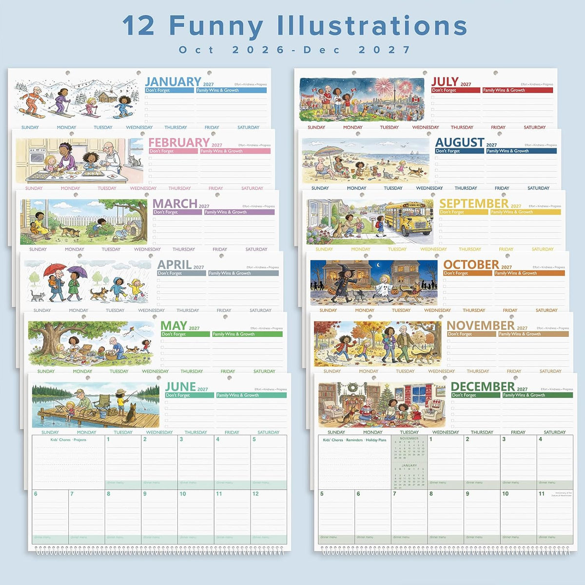 Family Calendar 2027 with 600 Stickers & Pocket, 14.6"x19.7"