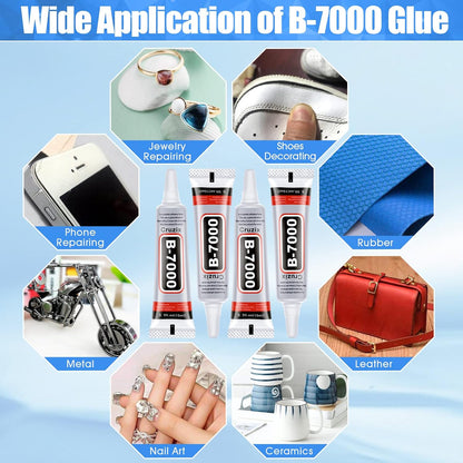 B-7000 Glue, Multipurpose Craft Glue Industrial Strength Adhesive Clear Semi Fluid for Bonding Phone Screen Tablet Jewelry Rhinestones DIY Electronic Components Repair Glass Metal (4x15 ml/0.5 oz)
