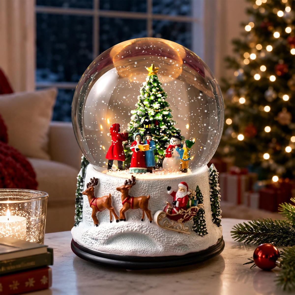 Christmas Snow Globe Lantern Water Glittering Cardinal with Music, USB Lined/Battery Operated Lighted Lantern for Christmas Festival Decoration Gifts