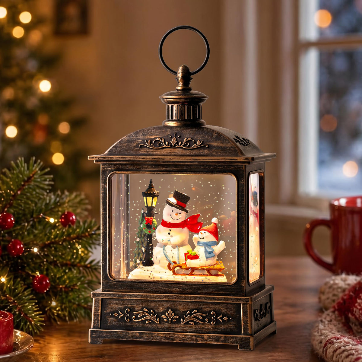 Christmas Snow Globe Lantern Water Glittering Cardinal with Music, USB Lined/Battery Operated Lighted Lantern for Christmas Festival Decoration Gifts