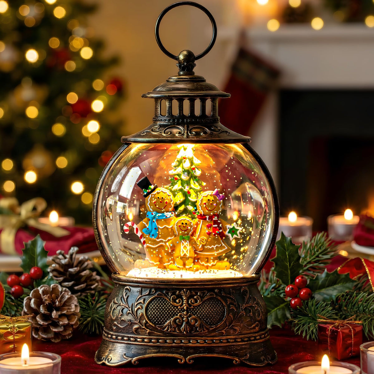 Christmas Snow Globe Lantern Water Glittering Cardinal with Music, USB Lined/Battery Operated Lighted Lantern for Christmas Festival Decoration Gifts