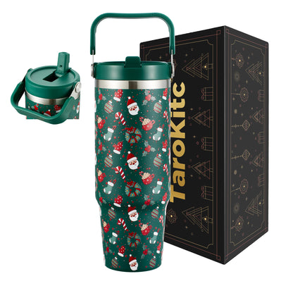 TaroKitc 30 oz Christmas Insulated Tumbler with Flip Straw and Top Handle