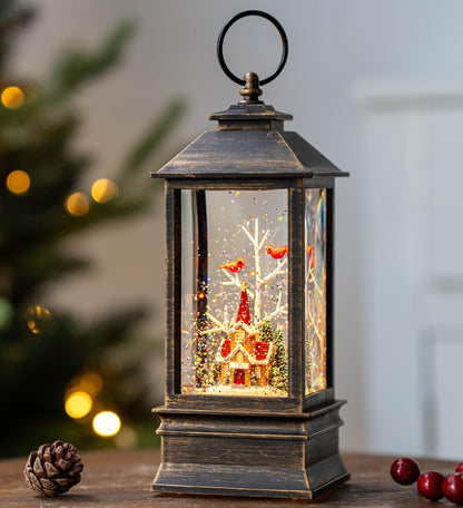Christmas Snow Globe Lantern Water Glittering Cardinal with Music, USB Lined/Battery Operated Lighted Lantern for Christmas Festival Decoration Gifts