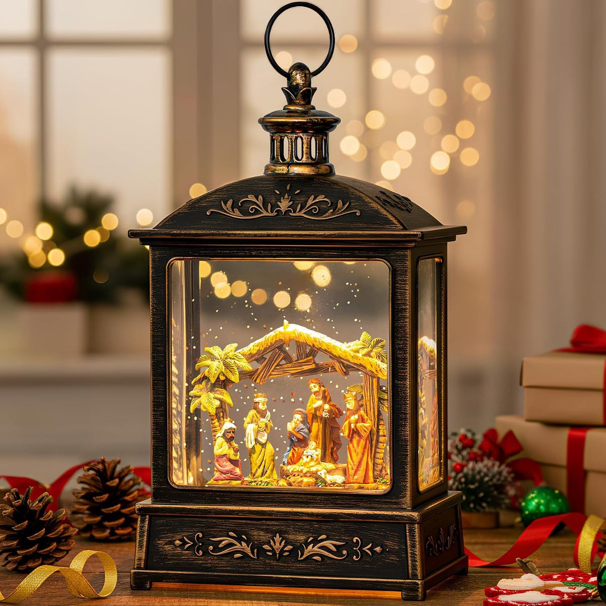 Christmas Snow Globe Lantern Water Glittering Cardinal with Music, USB Lined/Battery Operated Lighted Lantern for Christmas Festival Decoration Gifts
