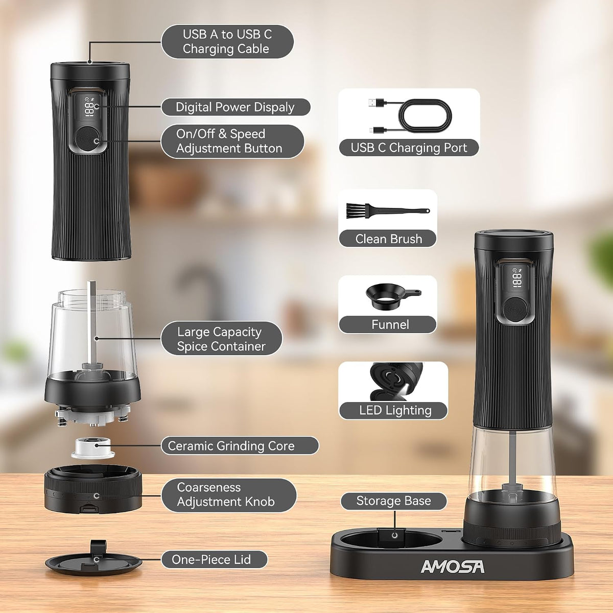 Electric Salt and Pepper Grinder Set, Battery Display & Storage Base, Black