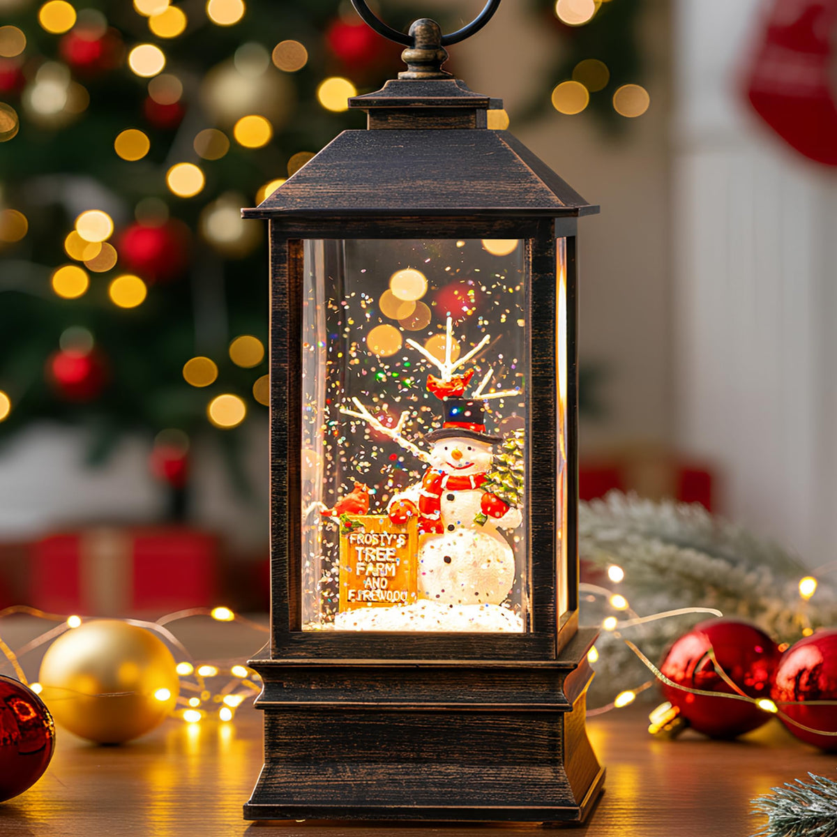 Christmas Snow Globe Lantern Water Glittering Cardinal with Music, USB Lined/Battery Operated Lighted Lantern for Christmas Festival Decoration Gifts