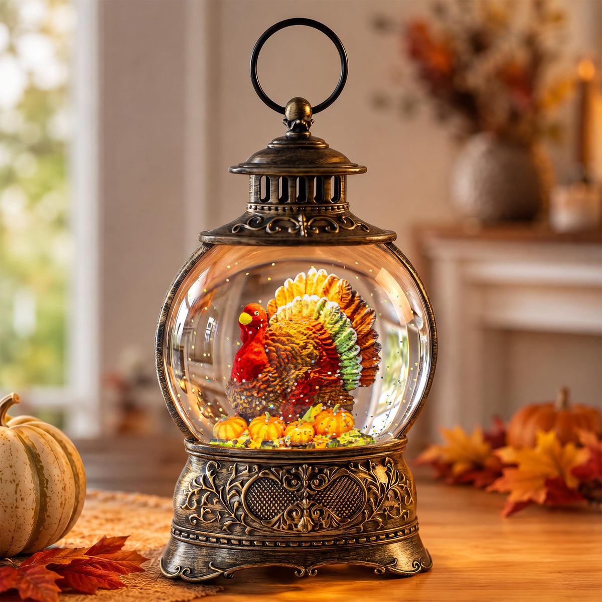 Christmas Snow Globe Lantern Water Glittering Cardinal with Music, USB Lined/Battery Operated Lighted Lantern for Christmas Festival Decoration Gifts