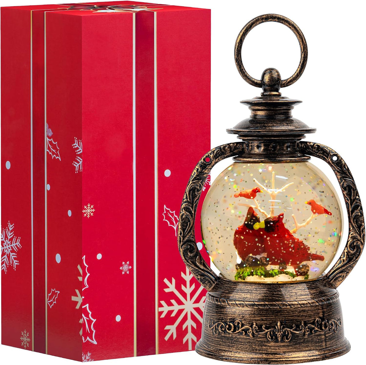 Christmas Snow Globe Lantern Water Glittering Cardinal with Music, USB Lined/Battery Operated Lighted Lantern for Christmas Festival Decoration Gifts