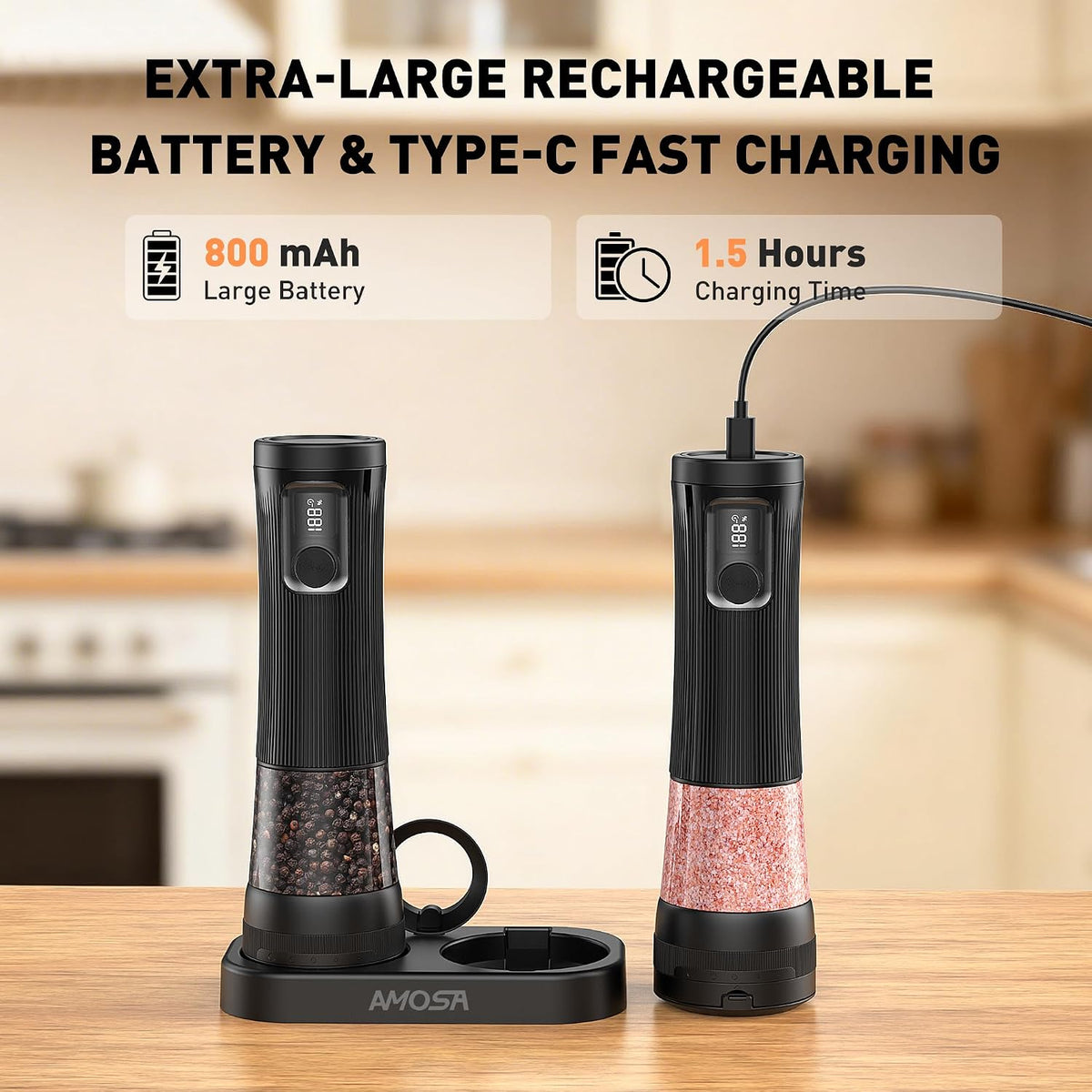 Electric Salt and Pepper Grinder Set, Battery Display & Storage Base, Black