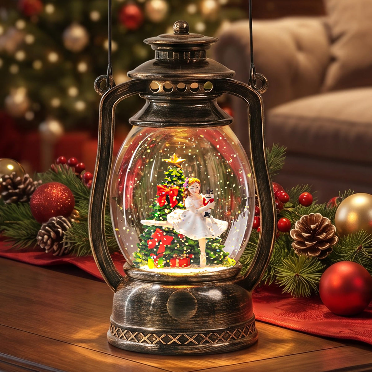 Christmas Snow Globe Lantern Water Glittering Cardinal with Music, USB Lined/Battery Operated Lighted Lantern for Christmas Festival Decoration Gifts