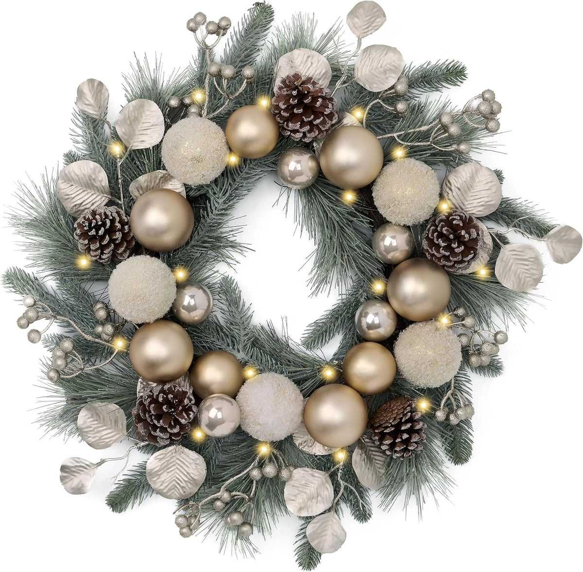 Valery Madelyn Pre-Lit Christmas Wreath for Front Door with Lights, 20 Inch Large Chritsmas Wreath with Pine Cone White Xmas Balls for Fireplace Window Outdoor Table Centerpiece Christmas Ornament