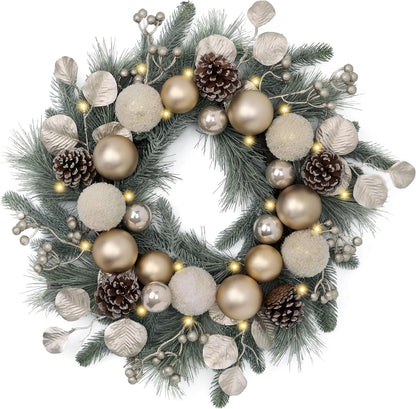 Valery Madelyn Pre-Lit Christmas Wreath for Front Door with Lights, 20 Inch Large Chritsmas Wreath with Pine Cone White Xmas Balls for Fireplace Window Outdoor Table Centerpiece Christmas Ornament
