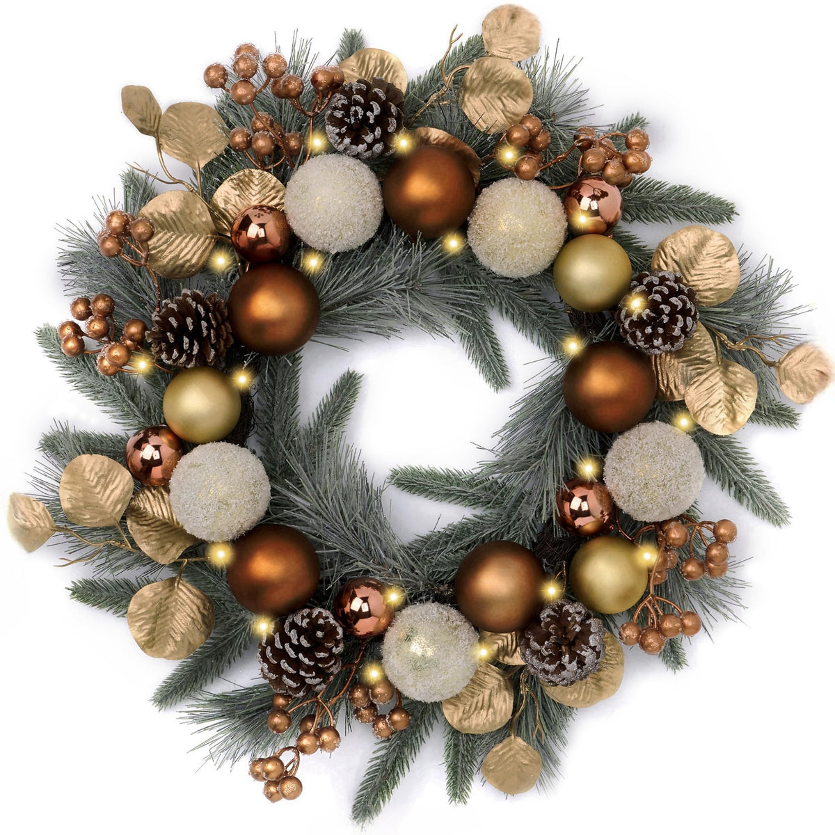Valery Madelyn Pre-Lit Christmas Wreath for Front Door with Lights, 20 Inch Large Chritsmas Wreath with Pine Cone White Xmas Balls for Fireplace Window Outdoor Table Centerpiece Christmas Ornament