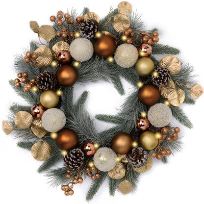 Valery Madelyn Pre-Lit Christmas Wreath for Front Door with Lights, 20 Inch Large Chritsmas Wreath with Pine Cone White Xmas Balls for Fireplace Window Outdoor Table Centerpiece Christmas Ornament