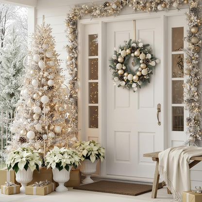 Valery Madelyn Pre-Lit Christmas Wreath for Front Door with Lights, 20 Inch Large Chritsmas Wreath with Pine Cone White Xmas Balls for Fireplace Window Outdoor Table Centerpiece Christmas Ornament
