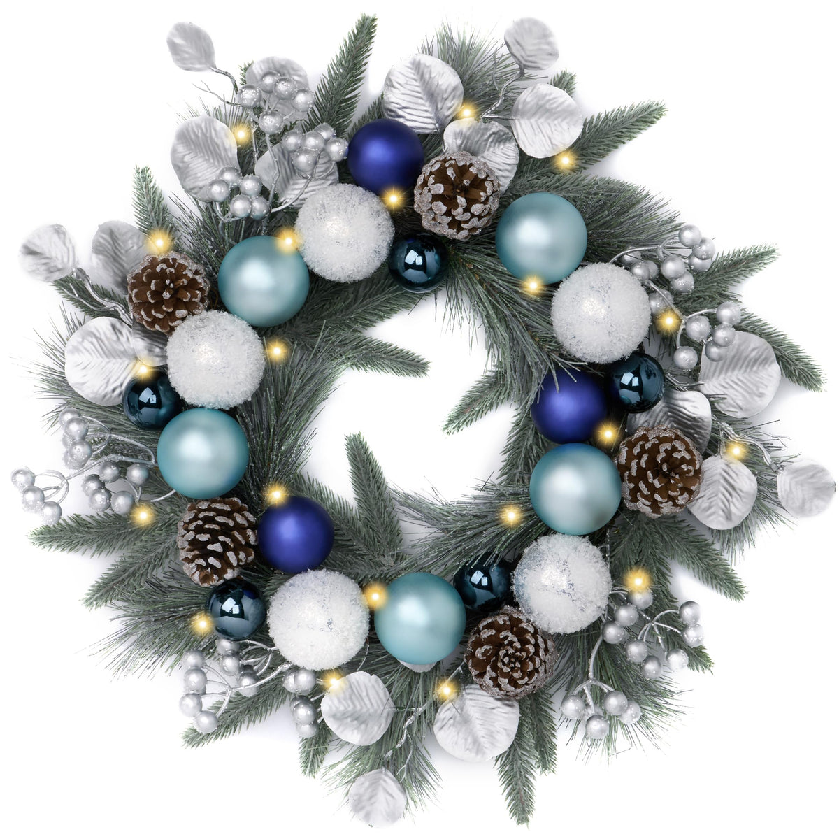 Valery Madelyn Pre-Lit Christmas Wreath for Front Door with Lights, 20 Inch Large Chritsmas Wreath with Pine Cone White Xmas Balls for Fireplace Window Outdoor Table Centerpiece Christmas Ornament