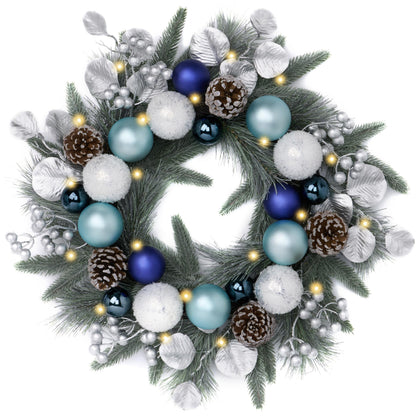 Valery Madelyn Pre-Lit Christmas Wreath for Front Door with Lights, 20 Inch Large Chritsmas Wreath with Pine Cone White Xmas Balls for Fireplace Window Outdoor Table Centerpiece Christmas Ornament