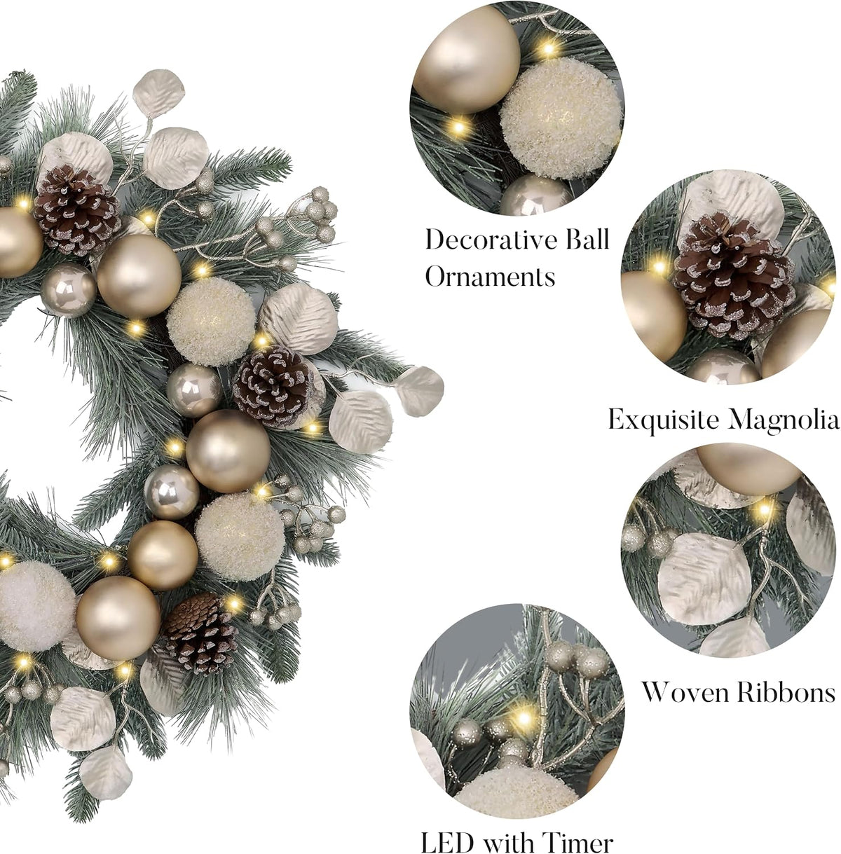 Valery Madelyn Pre-Lit Christmas Wreath for Front Door with Lights, 20 Inch Large Chritsmas Wreath with Pine Cone White Xmas Balls for Fireplace Window Outdoor Table Centerpiece Christmas Ornament