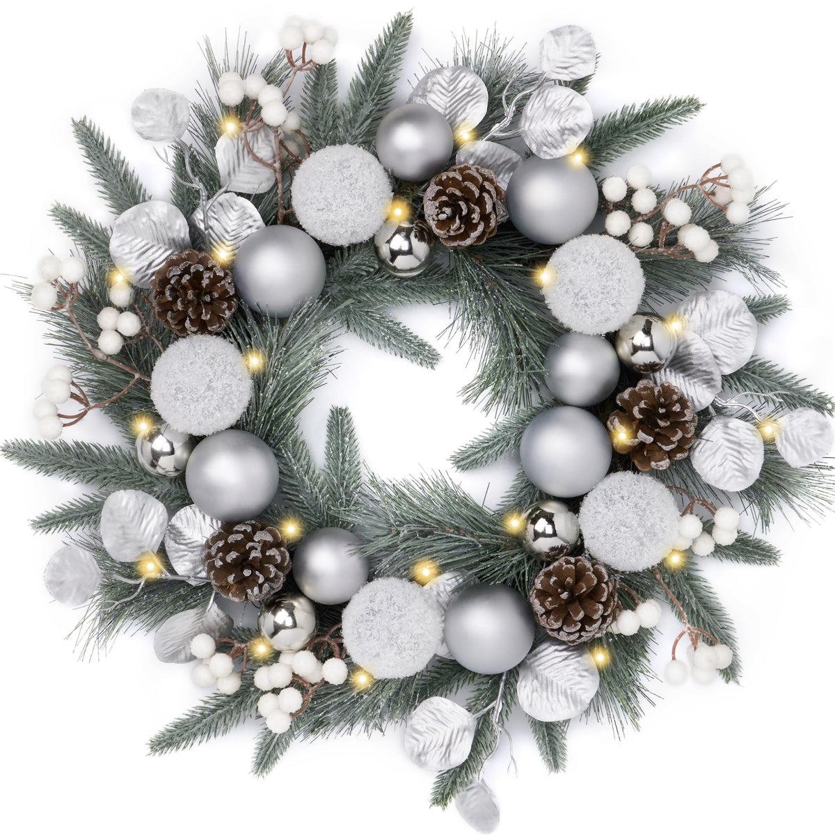 Valery Madelyn Pre-Lit Christmas Wreath for Front Door with Lights, 20 Inch Large Chritsmas Wreath with Pine Cone White Xmas Balls for Fireplace Window Outdoor Table Centerpiece Christmas Ornament